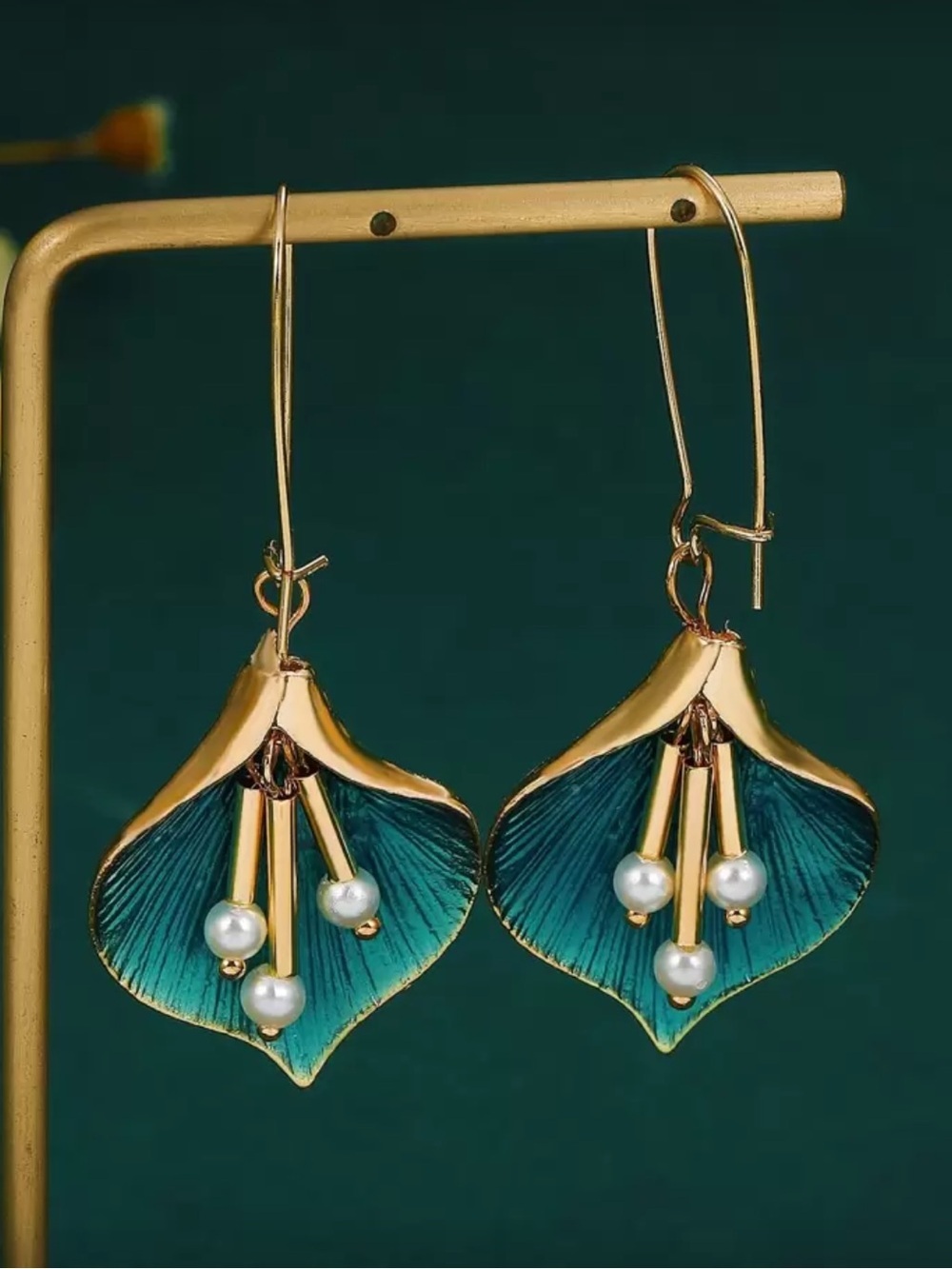 Vintage Gold & Teal Petal Drop Earrings with Pearl Dangles